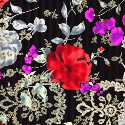 PR-1025 - Μαύρο-Ασημί Μεταξωτό Φλοράλ Εμπριμέ 